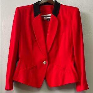 Vintage Red Women's Blazer with Black Trim and Gold Button